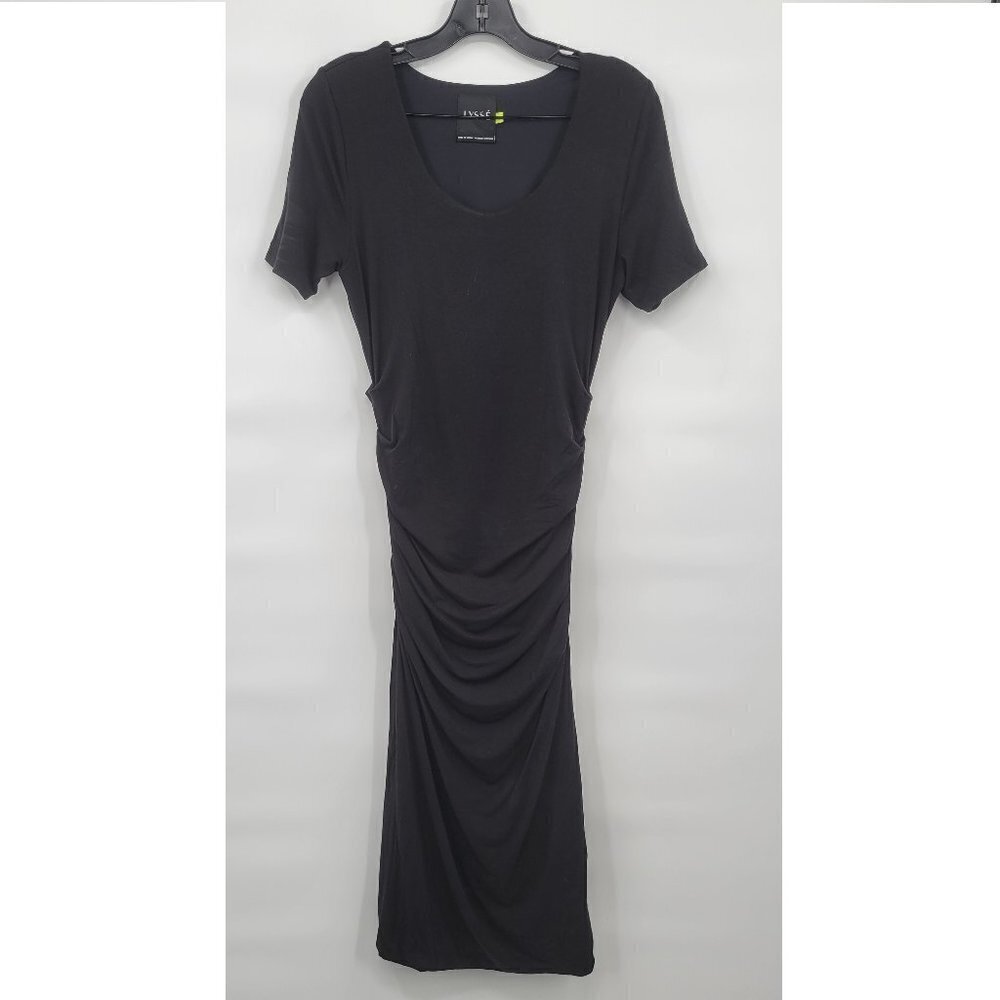 Lysse Women Black Scoop Neck Bodycon Ruched Short Sleeve Mini Dress Small